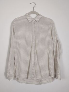 Uniqlo 100% Premium Linen Button Down Shirt Beige White Striped Size XL